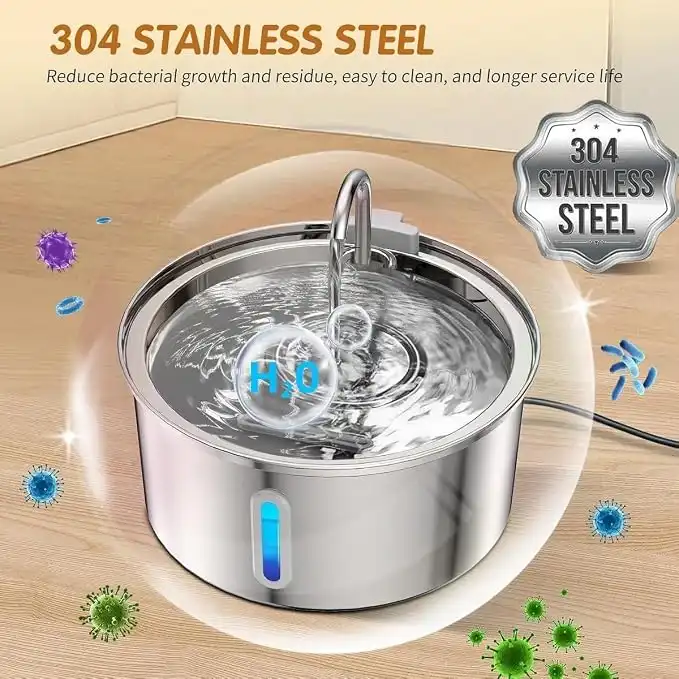 3.2L Stainless Steel Pet Water Fountain – 304 Stainless Steel Cat & Dog Water Dispenser with Water Level Window